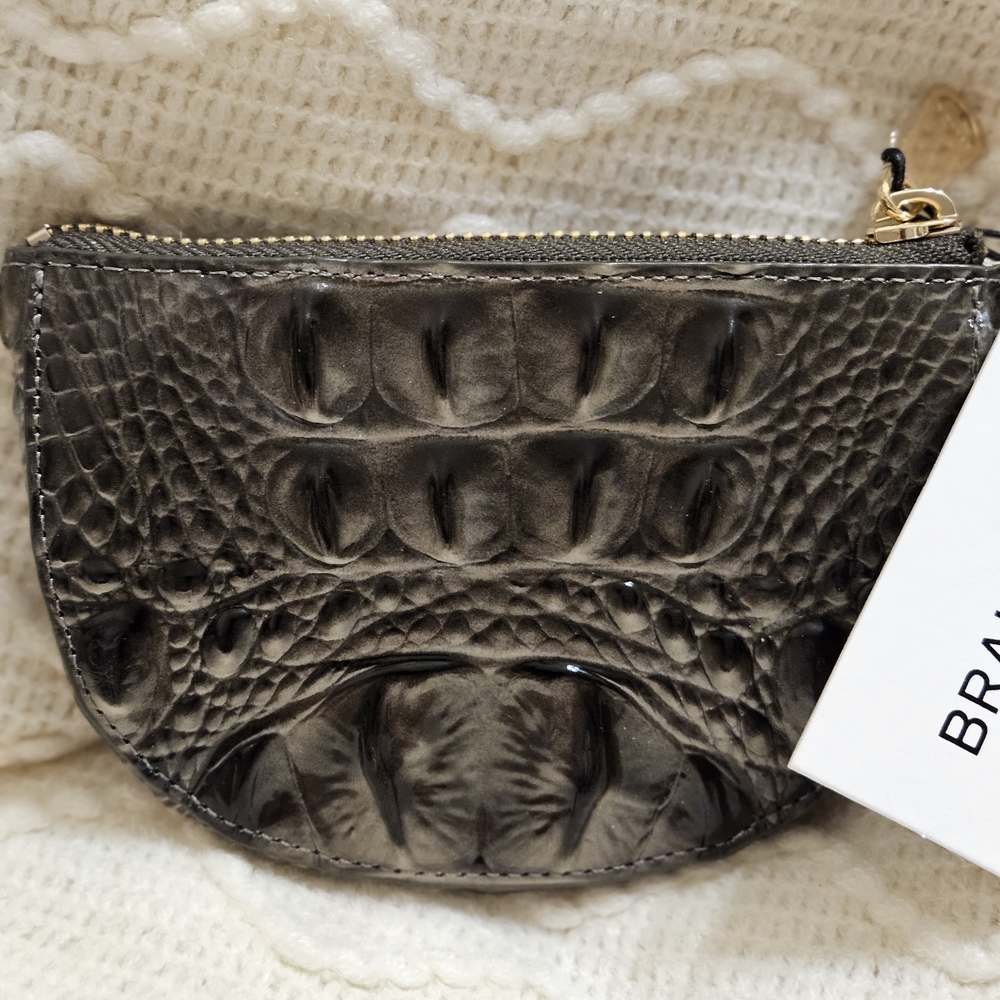 Embossed Croc-Pattern Leather Coin Pouch in Charcoal Gray